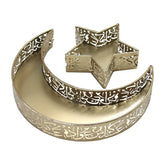 Decoratieve zilverkleurige metalen schaal met maan- en stervorm en Arabische kalligrafie